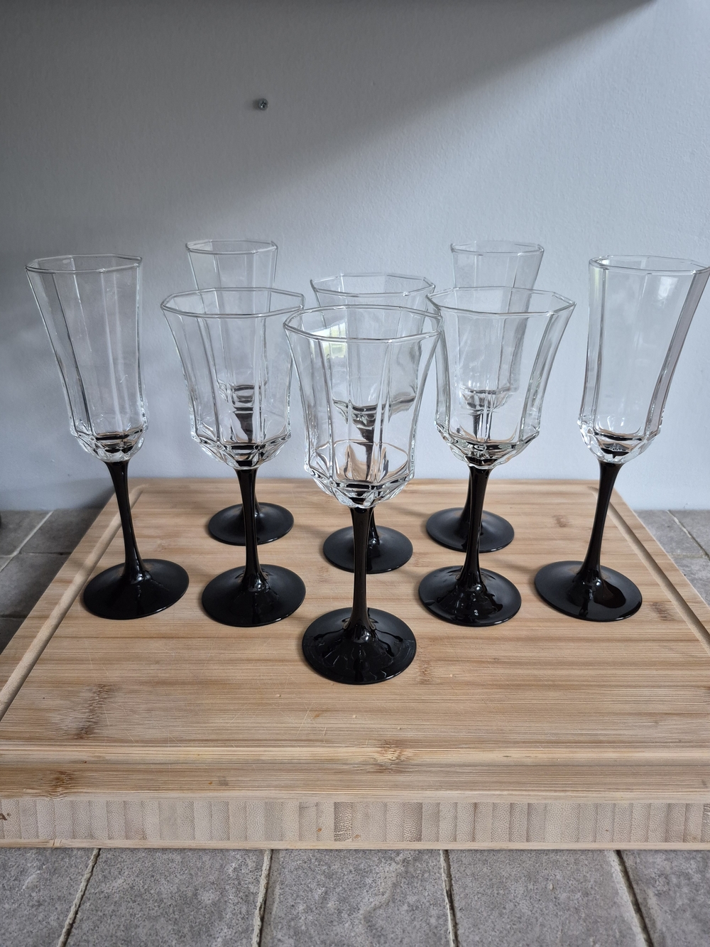 Vintage 80s Luminarc Octime Black Stem Glassware Set - 8pc Set (4 Wine/4 Champ)
